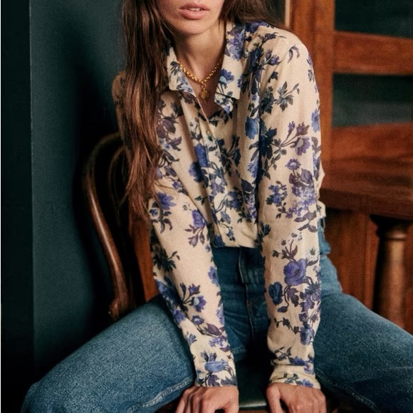 SEZANE Blue & White Floral Printed Lightweight Silk Button Down Pierro Shirt - Picture 15 of 15